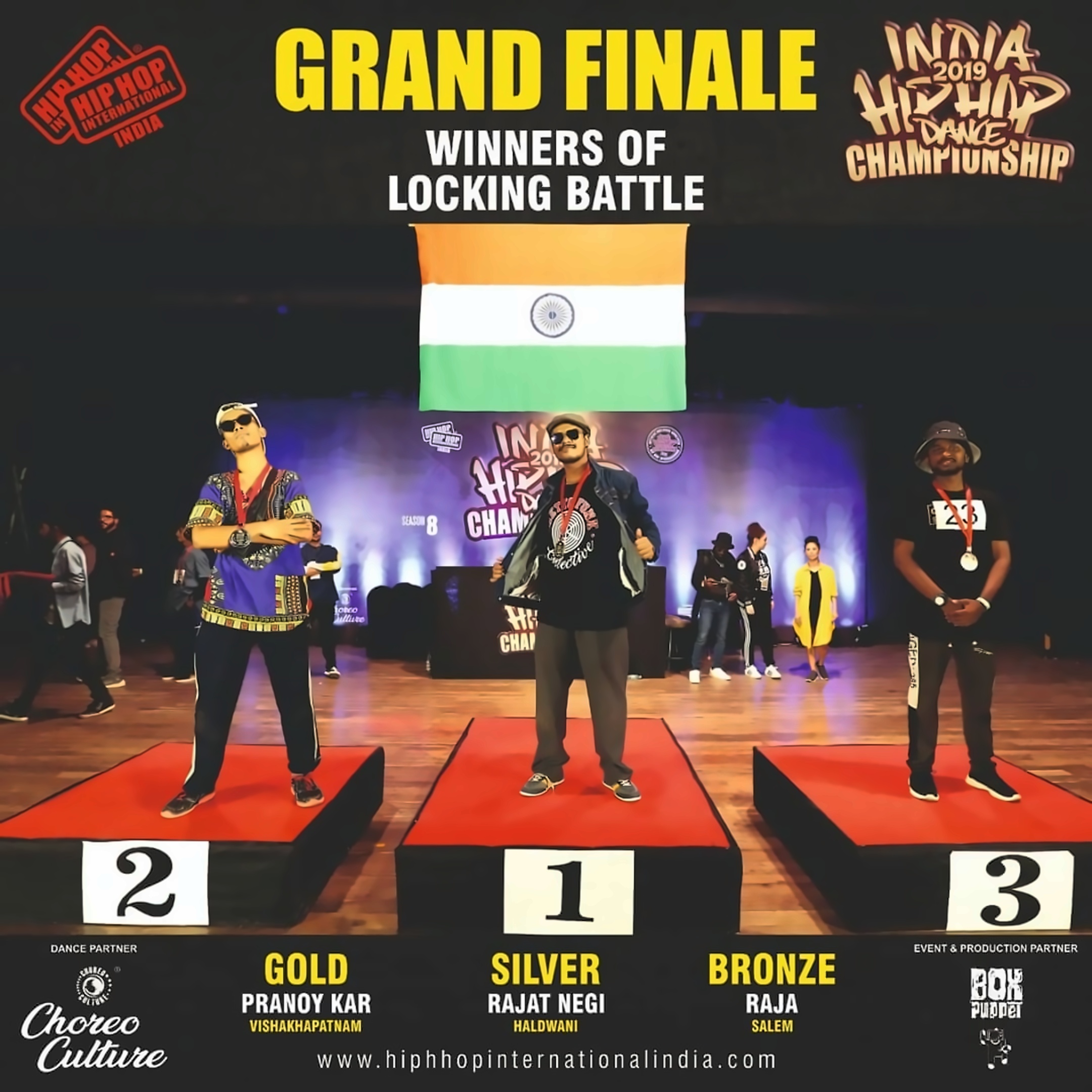 Locking Battle Winners at India Hip Hop Dance Championship 2019 Standing on Victory Podium
