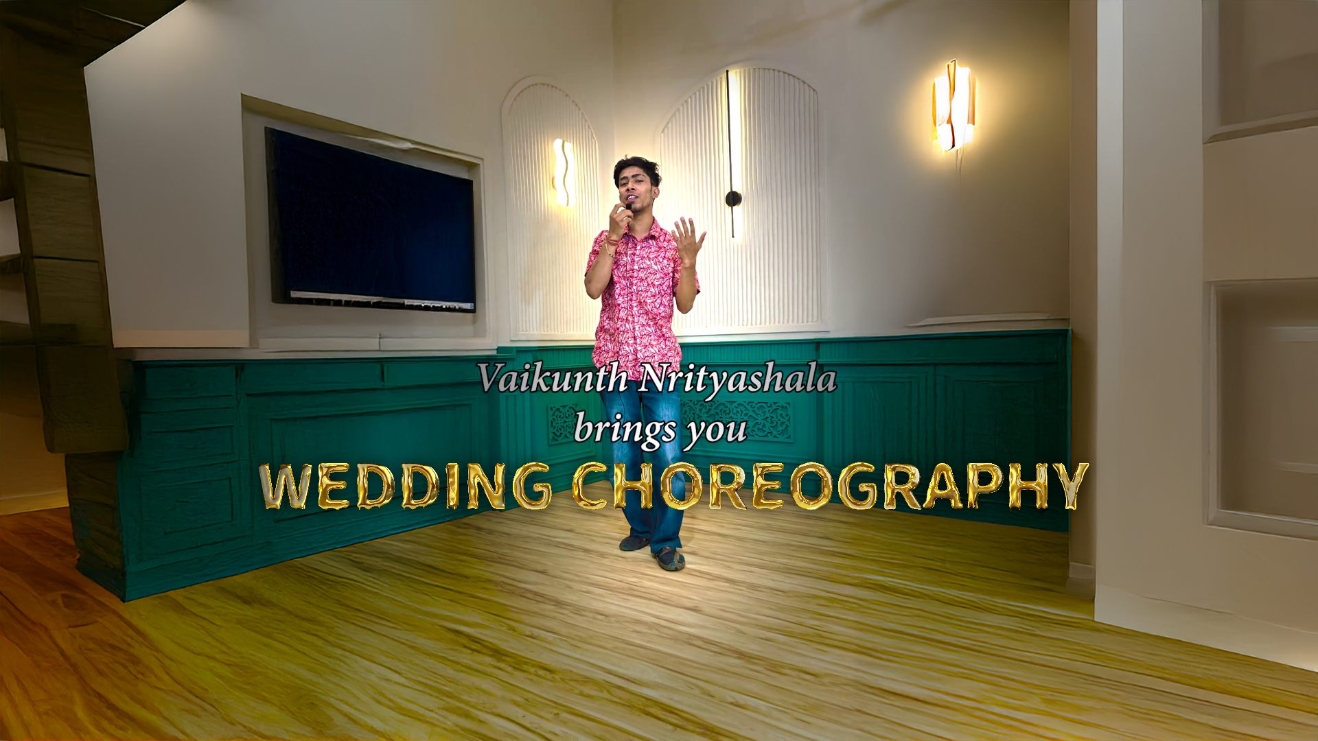 Dance instructor performing inside a studio with golden text overlay reading "Wedding Choreography by Vaikunth Nrityashala."