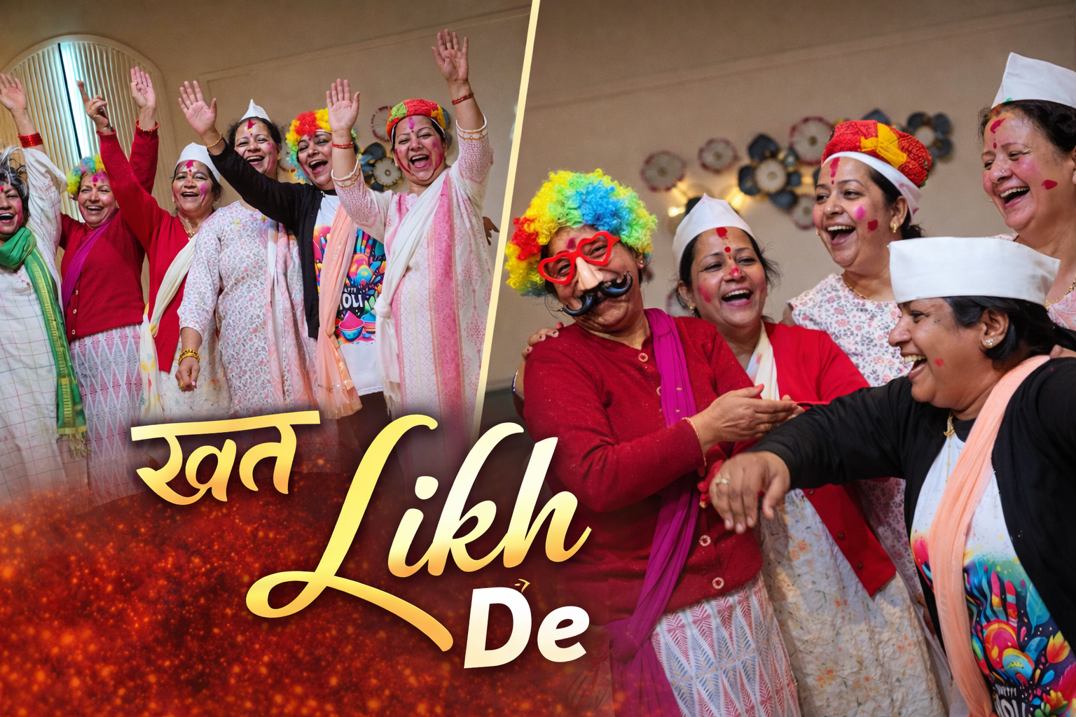 “Group of women in colorful outfits dancing joyfully with playful props and expressions, performing ‘Khat Likh De’ in a lively indoor setting.”