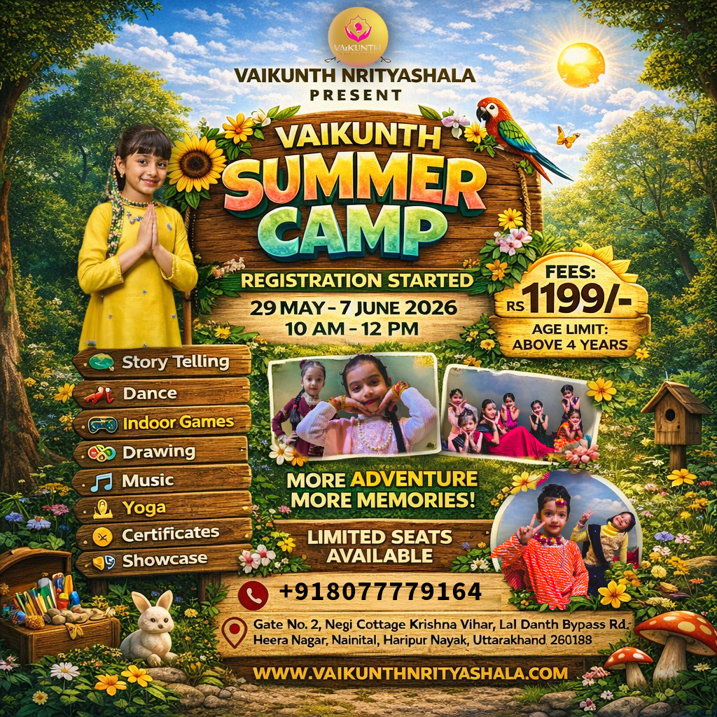 “Colorful poster of Vaikunth Summer Camp 2026 featuring kids activities like dance, storytelling, yoga, and games with dates, fees, and location details in Haldwani.”