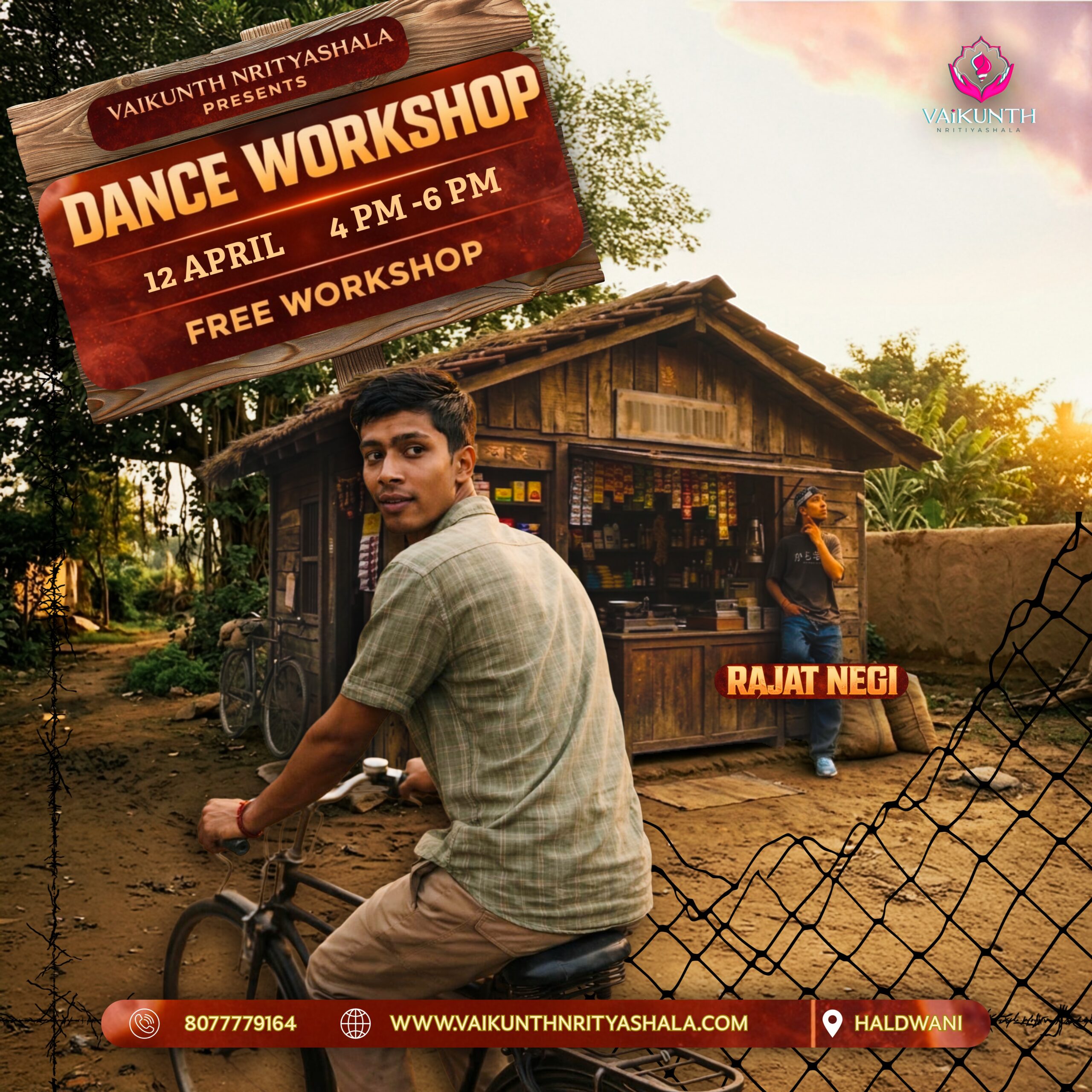 A cinematic promotional poster for a dance workshop by Vaikunth Nrityashala in Haldwani. The image features a young man (Rajat Negi) on a vintage bicycle looking back towards a rustic wooden roadside shop at sunset. A wooden sign at the top reads "Dance Workshop, 12 April, 4 PM - 6 PM." The lighting is warm and golden, creating a nostalgic, artistic atmosphere.
