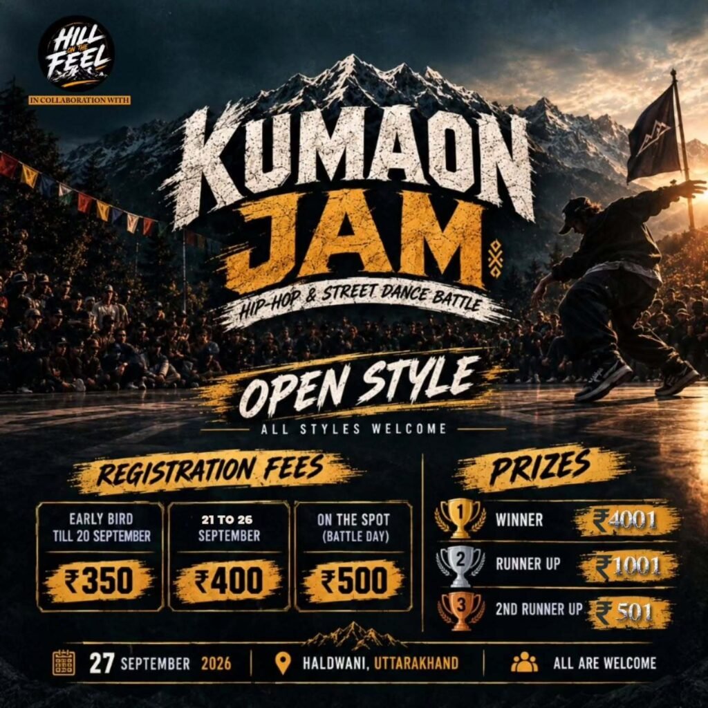 Registration fee poster for the Open Style 1-on-1 dance battle at The Kumaon Jam × Hill On The Feel, taking place on 27 September 2026 at Vaikunth Nrityashala, Haldwani, with a total prize pool of ₹15,555.