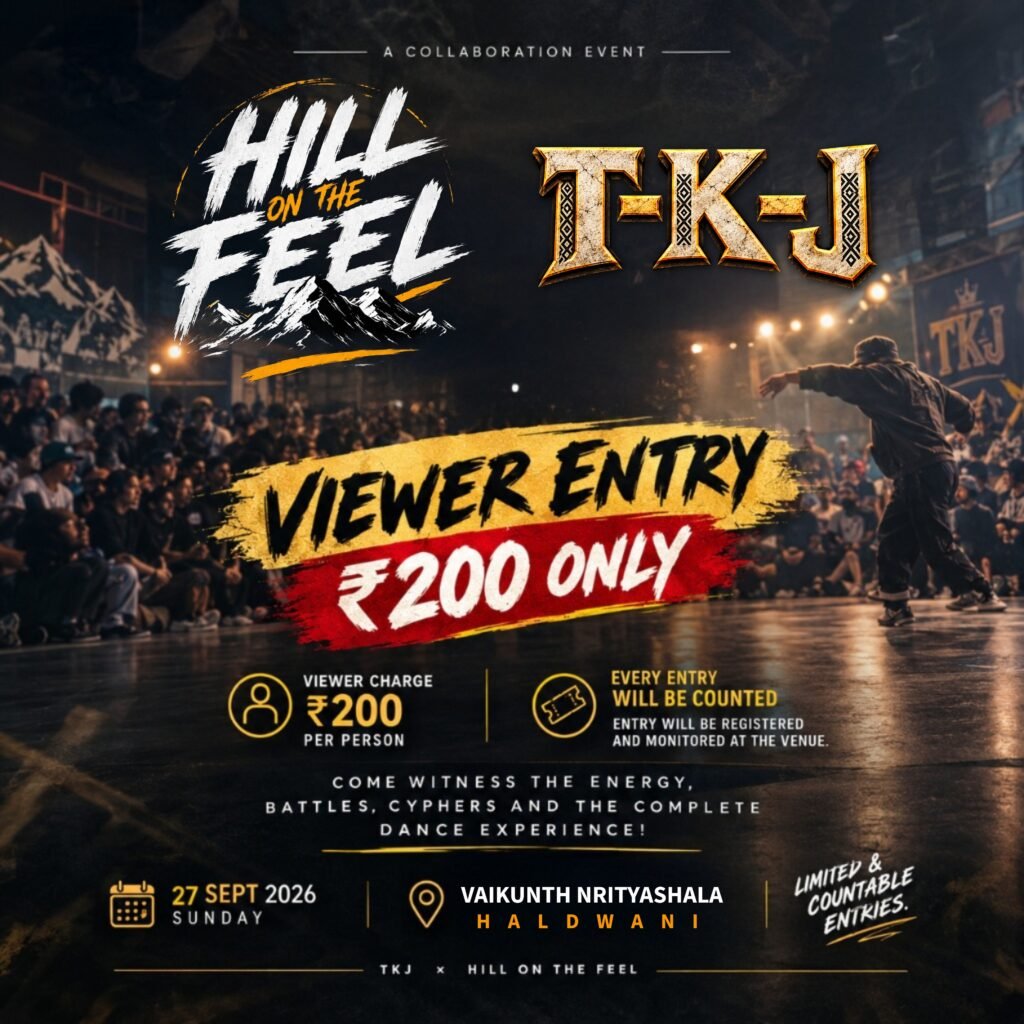Viewer pass poster for The Kumaon Jam × Hill On The Feel, inviting audiences to experience the Open Style 1-on-1 and Latin 1-on-1 dance battles on 27 September 2026 at Vaikunth Nrityashala, Haldwani, with a total prize pool of ₹15,555.